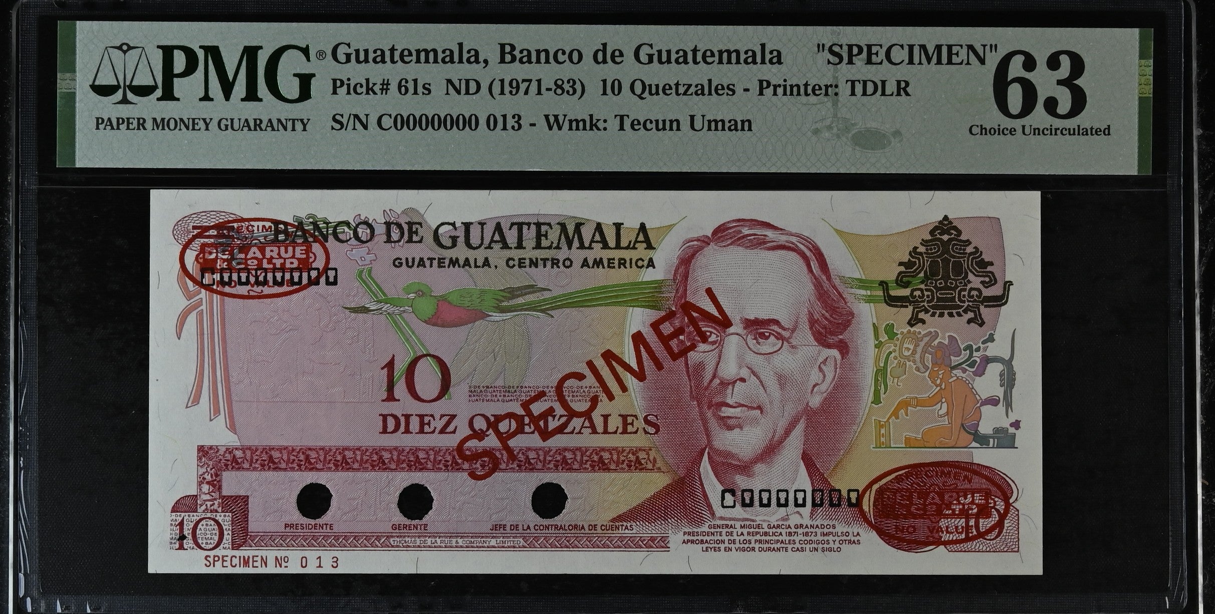 10 Quetzales sin pirámide 1971-83 Specimen