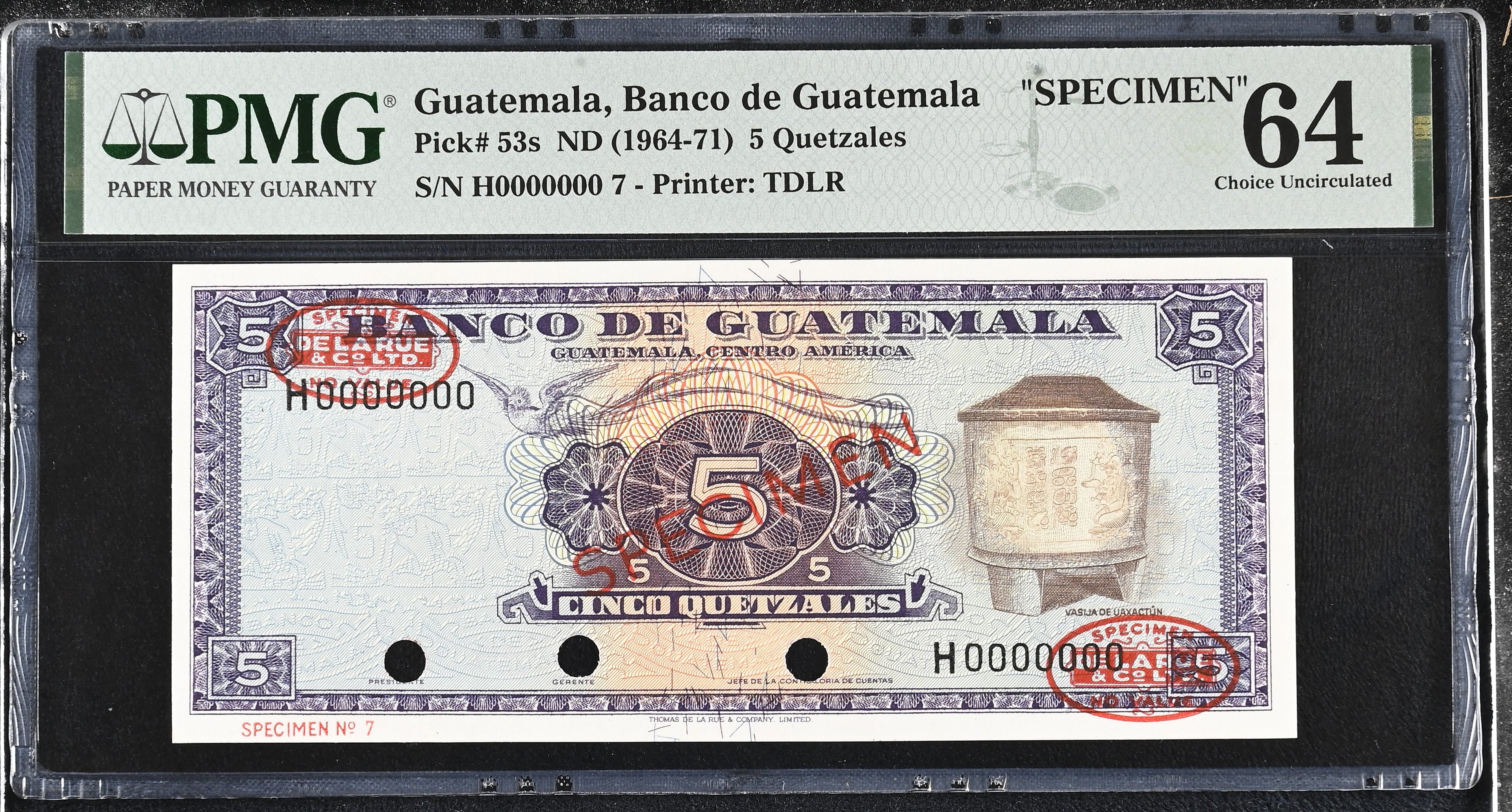 5 Quetzales Vasija 1964-71 Specimen