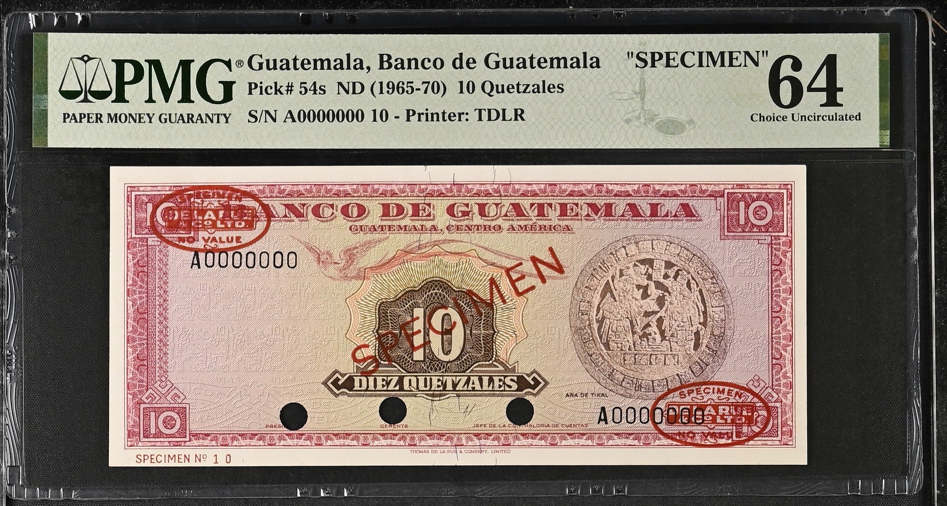 10 Quetzales 1965-70 Specimen