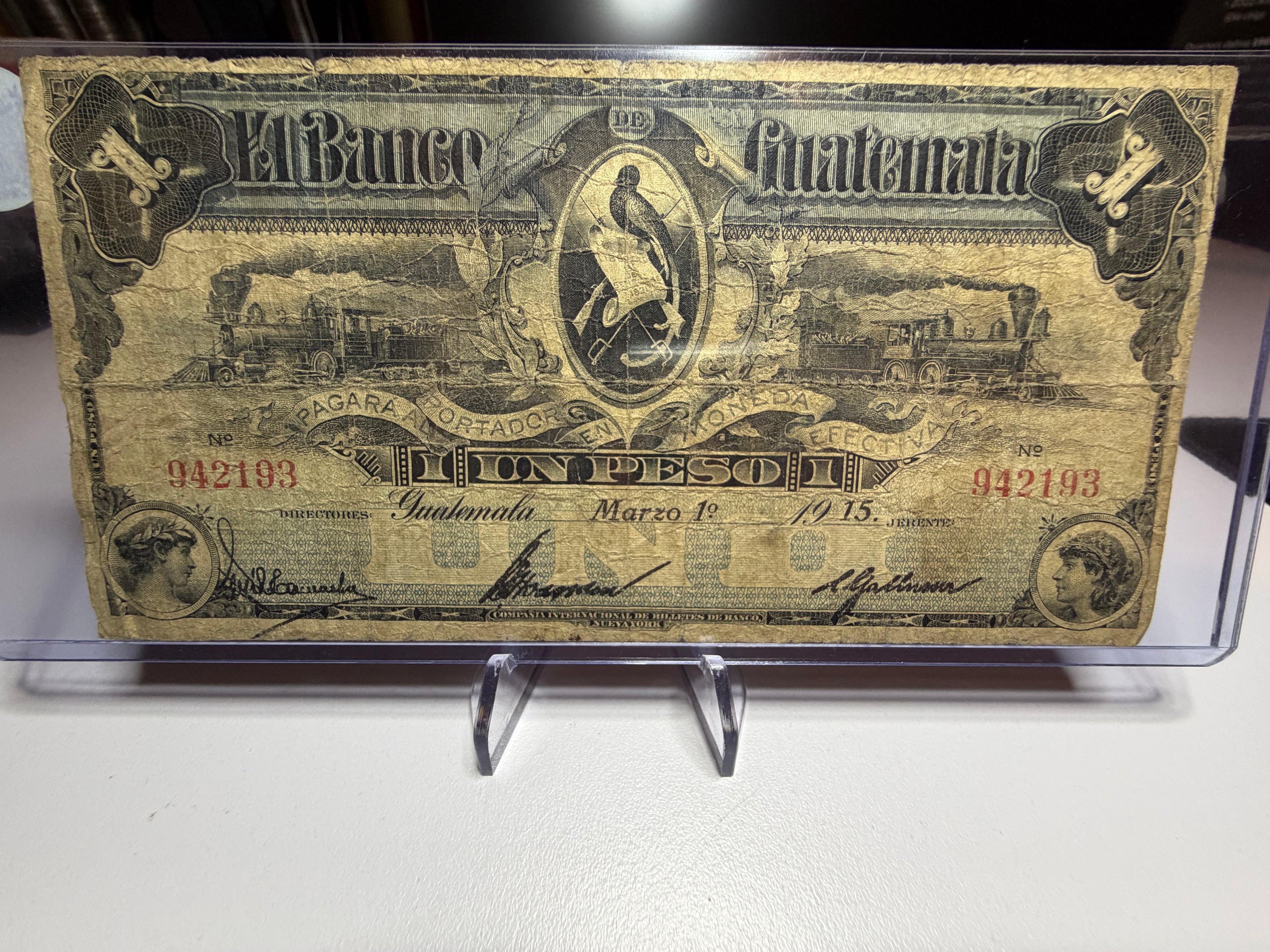 1 Peso 1915 Ferrocarriles El Banco de Guatemala
