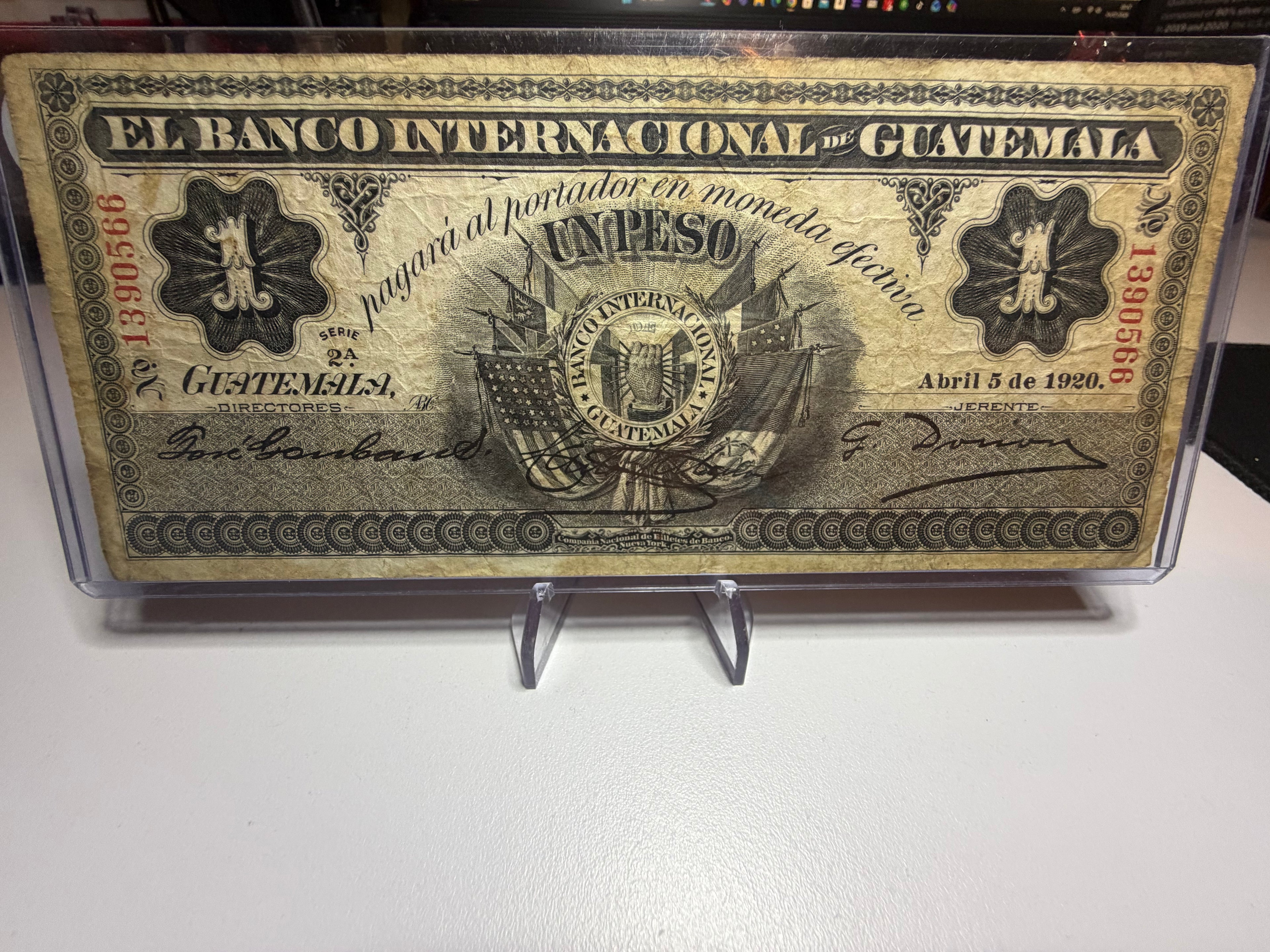 1 Peso 1920 El Banco Internacional De Guatemala