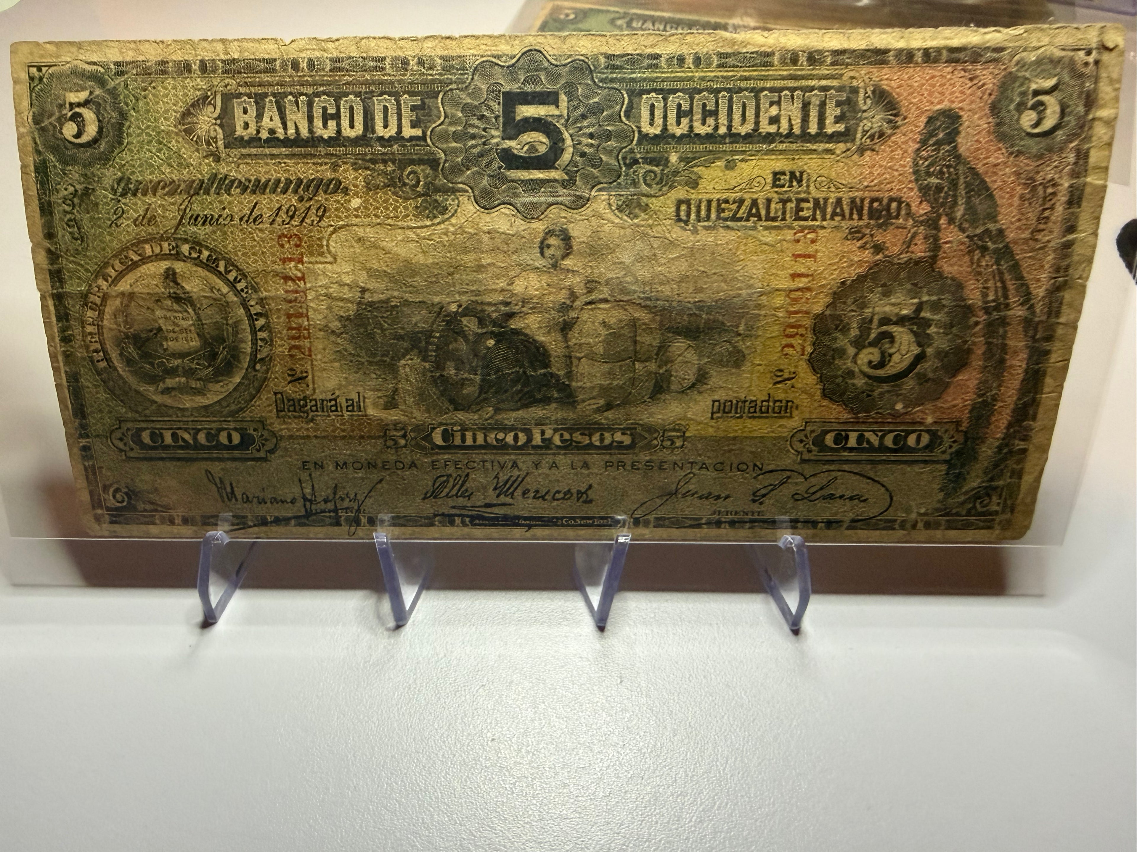 5 Pesos 1919 Banco de Occidente en Quetzaltenango