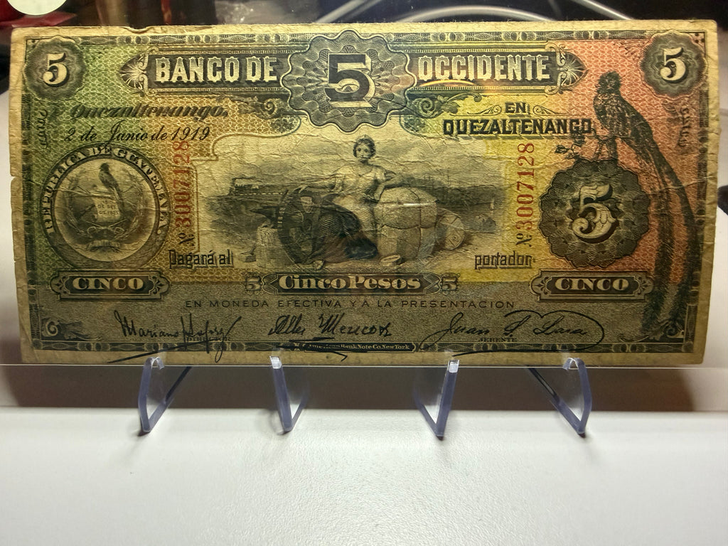 5 Pesos 1919 Banco de Occidente en Quetzaltenango