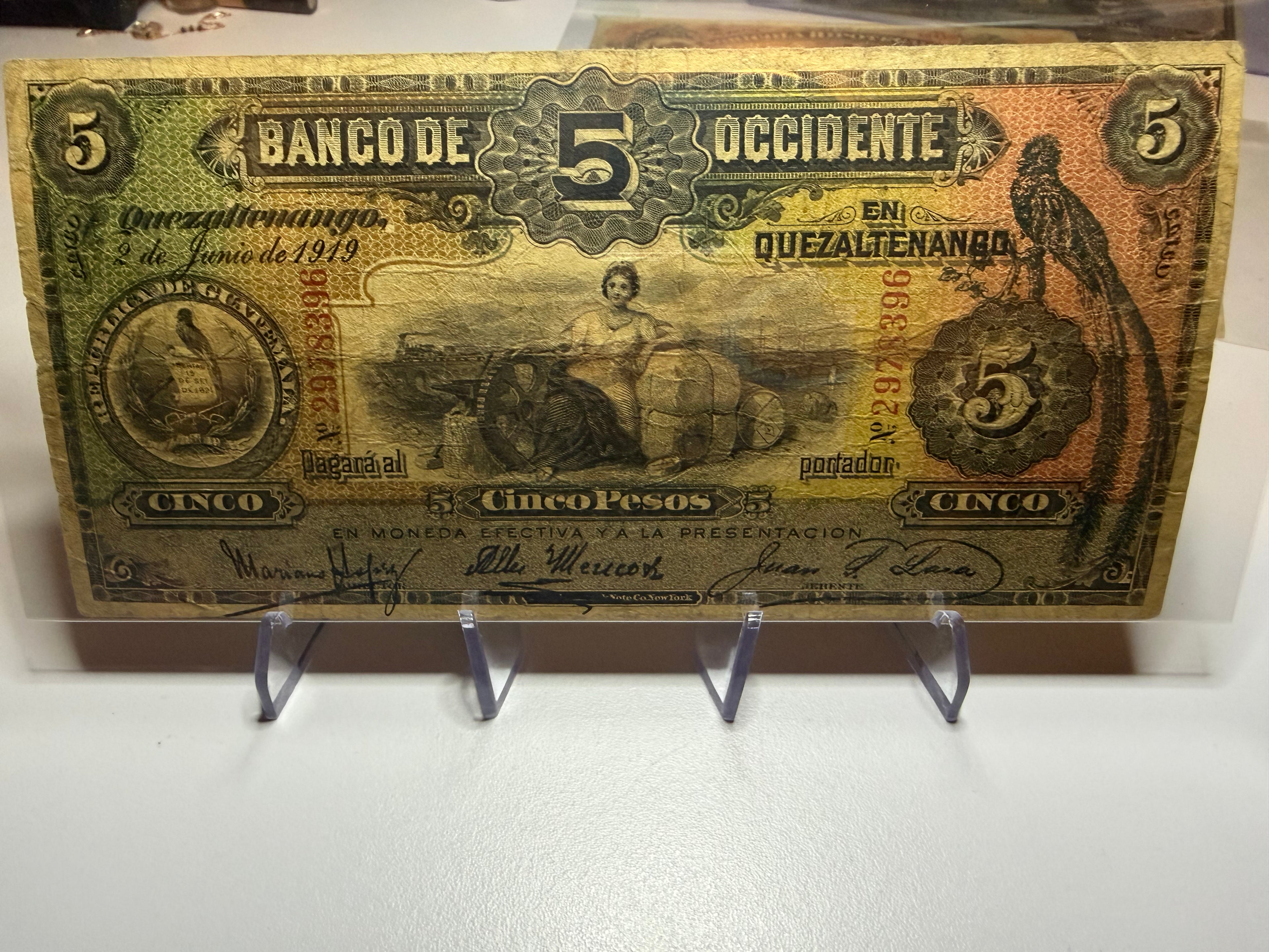 5 Pesos 1919 Banco de Occidente en Quetzaltenango