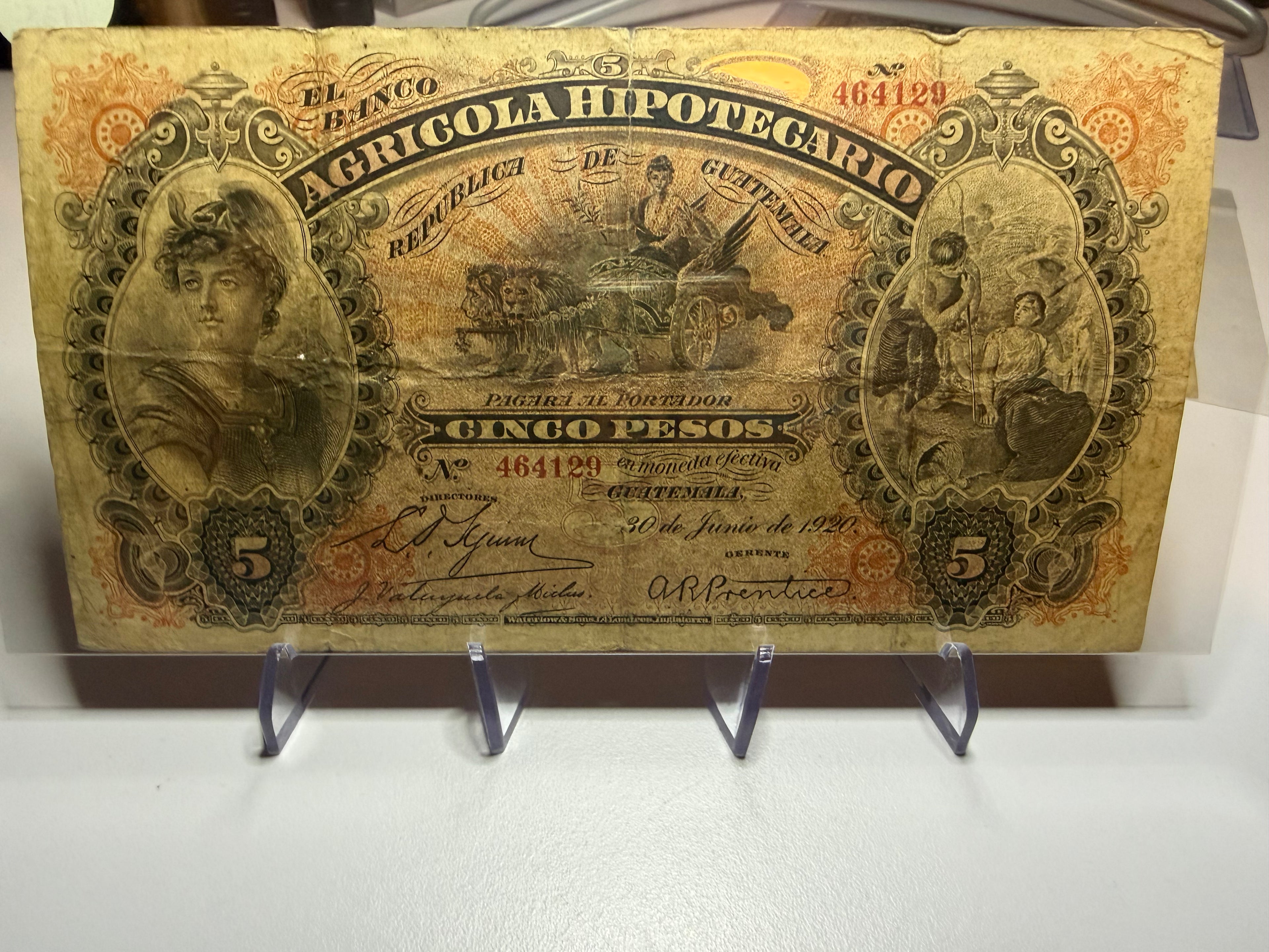 5 Pesos 1920 El Banco Agrícola Hipotecario